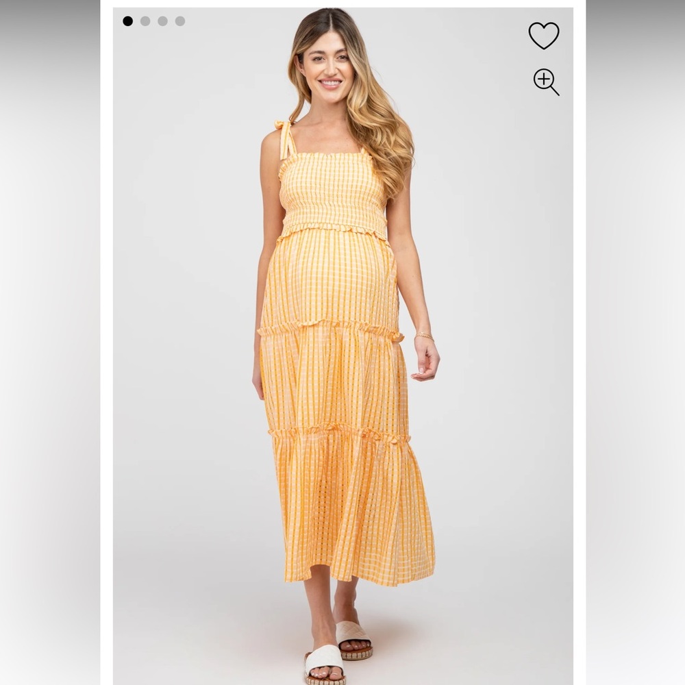 Orange Striped Smocked Shoulder Tie Maternity Midi Dress